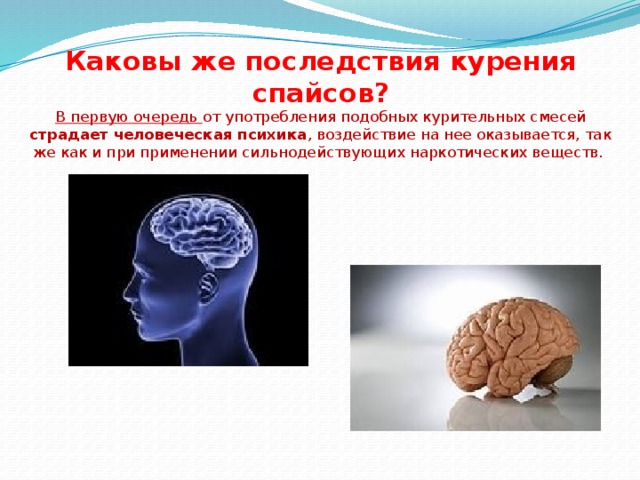 Каковы же последствия курения спайсов?  В первую очередь от употребления подобных курительных смесей страдает человеческая психика , воздействие на нее оказывается, так же как и при применении сильнодействующих наркотических веществ.   