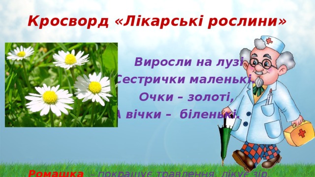 Кросворд «Лікарські рослини»   Виросли на лузі  Сестрички маленькі.  Очки – золоті,  А вічки – біленькі.  Ромашка   – покращує травлення, лікує зір. 