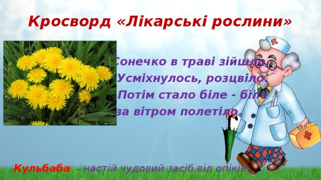 Кросворд «Лікарські рослини»   Сонечко в траві зійшло,  Усміхнулось, розцвіло.  Потім стало біле - біле  І за вітром полетіло. Кульбаба   – настій чудовий засіб від опіків. 