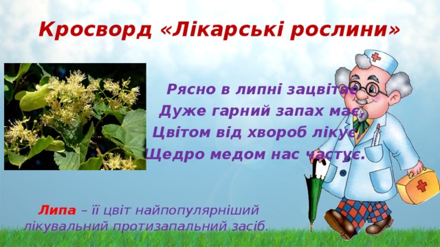 Кросворд «Лікарські рослини»   Рясно в липні зацвітає  Дуже гарний запах має,  Цвітом від хвороб лікує,  Щедро медом нас частує.  Липа  – її цвіт найпопулярніший лікувальний протизапальний засіб. 
