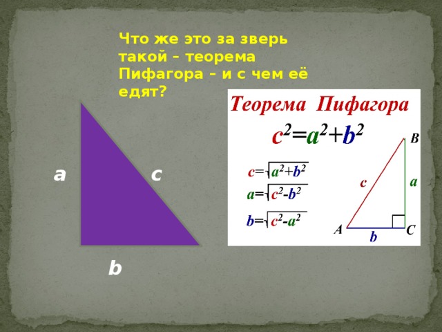 Что же это за зверь такой – теорема Пифагора – и с чем её едят? с a b 