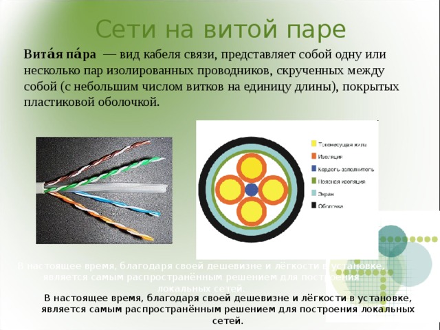 Сети на витой паре Вита́я па́ра  — вид кабеля связи, представляет собой одну или несколько пар изолированных проводников, скрученных между собой (с небольшим числом витков на единицу длины), покрытых пластиковой оболочкой. В настоящее время, благодаря своей дешевизне и лёгкости в установке, является самым распространённым решением для построения локальных сетей. В настоящее время, благодаря своей дешевизне и лёгкости в установке, является самым распространённым решением для построения локальных сетей. 