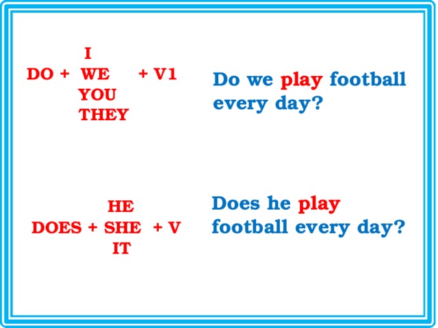  I DO + WE + V1  YOU  THEY Do we  play  football every day?  HE Does he  play  football every day?  DOES + SHE + V  IT 