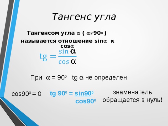 Тангенс угла Тангенсом угла  (  90 0 ) называется отношение sin  к cos    При  = 90 0 tg  не определен знаменатель обращается в нуль! tg 90 0 = sin90 0  cos90 0  cos90 0 = 0 
