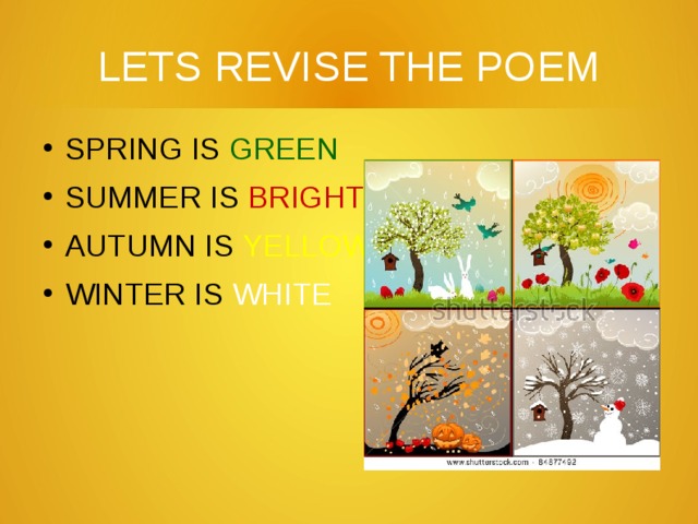 LETS REVISE THE POEM SPRING IS GREEN SUMMER IS BRIGHT AUTUMN IS YELLOW WINTER IS WHITE 