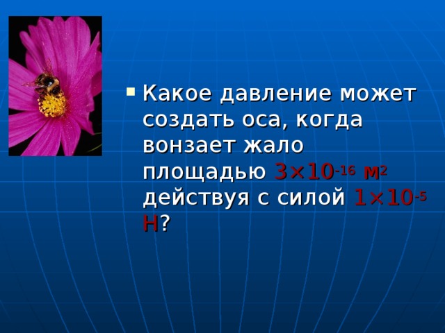 Какое давление может создать оса, когда вонзает жало площадью 3 × 10 -16 м 2 действуя с силой 1 × 10 -5 Н ? 