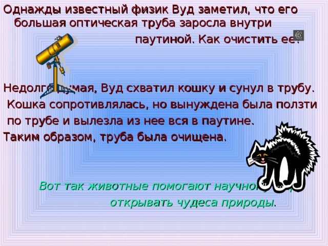 Однажды известный физик Вуд заметил, что его большая оптическая труба заросла внутри  паутиной. Как очистить ее? Недолго думая, Вуд схватил кошку и сунул в трубу.  Кошка сопротивлялась, но вынуждена была ползти  по трубе и вылезла из нее вся в паутине. Таким образом, труба была очищена.  Вот так животные помогают научному миру  открывать чудеса природы. 