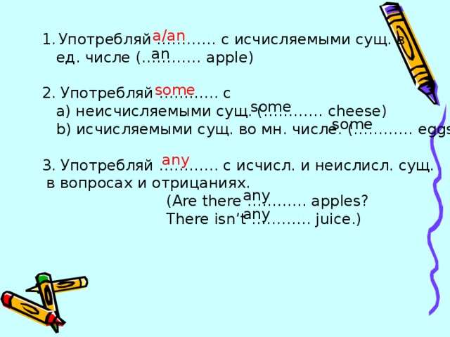  a/an Употребляй ………… с исчисляемыми сущ. в  ед. числе ( ………… apple ) 2. Употребляй ………… с  a ) неисчисляемыми сущ. (………… cheese)  b ) исчисляемыми сущ. во мн. числе. (………… eggs) 3. Употребляй ………… с исчисл. и неислисл. сущ.  в вопросах и отрицаниях.   (Are there ………… apples?  There isn’t ………… juice.) an some some some any any any 