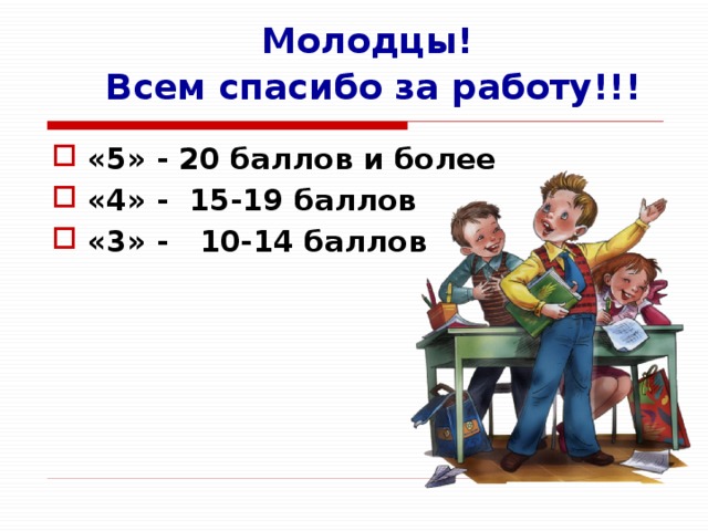 Молодцы! Всем спасибо за работу!!!  «5» - 20 баллов и более «4» - 15-19 баллов «3» - 10-14 баллов 