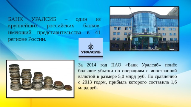 БАНК УРАЛСИБ – один из крупнейших российских банков, имеющий представительства в 41 регионе России. За 2014 год ПАО «Банк Уралсиб» понёс большие убытки по операциям с иностранной валютой в размере 5,0 млрд руб. По сравнению с 2013 годом, прибыль которого составила 1,6 млрд руб. 
