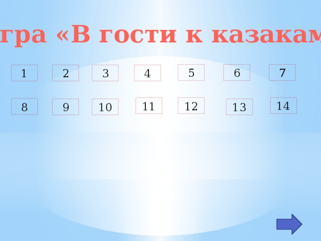 Игра «В гости к казакам» 5 6 7 1 2 3 4 14 11 12 8 9 10 13 