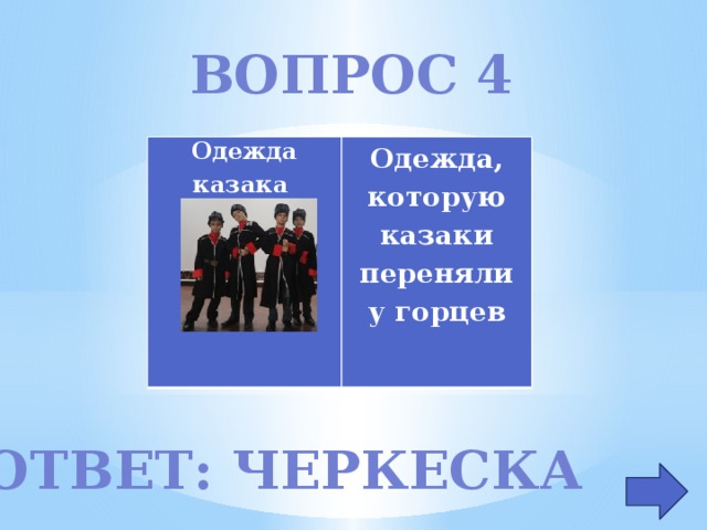 Вопрос 4 Одежда казака   Одежда, которую казаки переняли у горцев       Ответ: черкеска 