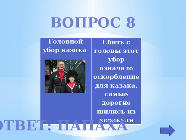 Вопрос 8 Головной убор казака Сбить с головы этот убор означало оскорбление для казака, самые дорогие шились из каракуля Ответ: папаха 