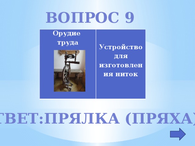 Вопрос 9 Орудие труда Устройство для изготовления ниток   Ответ:прялка (пряха) 