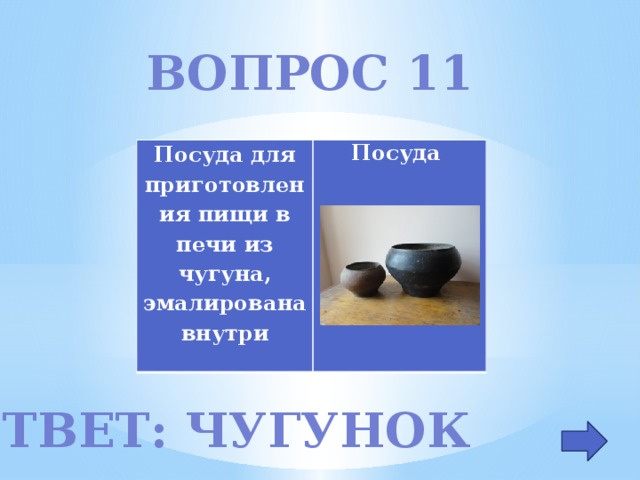 Вопрос 11 Посуда для приготовления пищи в печи из чугуна, эмалирована внутри   Посуда Ответ: чугунок 