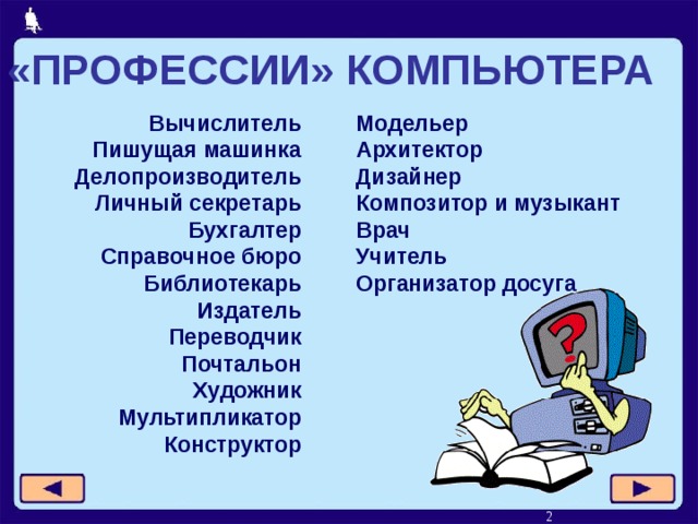 «ПРОФЕССИИ» КОМПЬЮТЕРА Модельер Вычислитель Пишущая машинка Архитектор Делопроизводитель Дизайнер Личный секретарь Композитор и музыкант Врач Бухгалтер Учитель Справочное бюро Организатор досуга Библиотекарь Издатель Переводчик Почтальон Художник Мультипликатор Конструктор  