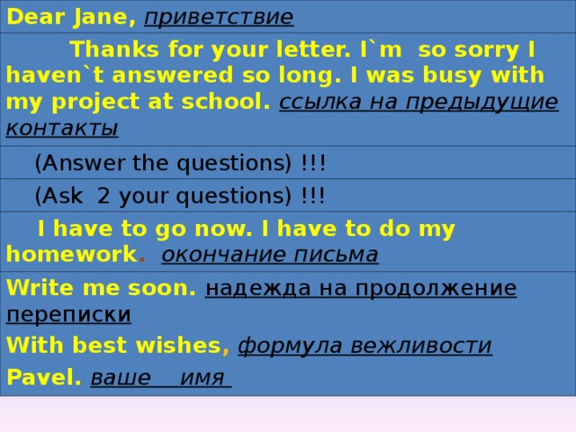 Dear Jane,  приветствие  Thanks for your letter. I`m so sorry I haven`t answered so long. I was busy with my project at school.  ссылка на предыдущие контакты  (Answer the questions) !!!  (Ask 2 your questions) !!!  I have to go now. I have to do my homework .  окончание письма Write me soon. надежда на продолжение переписки With best wishes ,  формула вежливости Pavel.  ваше имя  