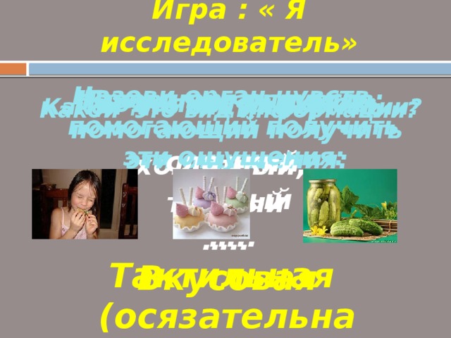 Игра : « Я исследователь» Назови орган чувств, помогающий получить эти ощущения:  Продолжи ряд слов: Назови орган чувств, помогающий получить эти ощущения: Какой это вид информации?  сладкий кислый … .. Какой это вид информации? Продолжи ряд слов: холодный, теплый … .. Тактильная (осязательная) Вкусовая 
