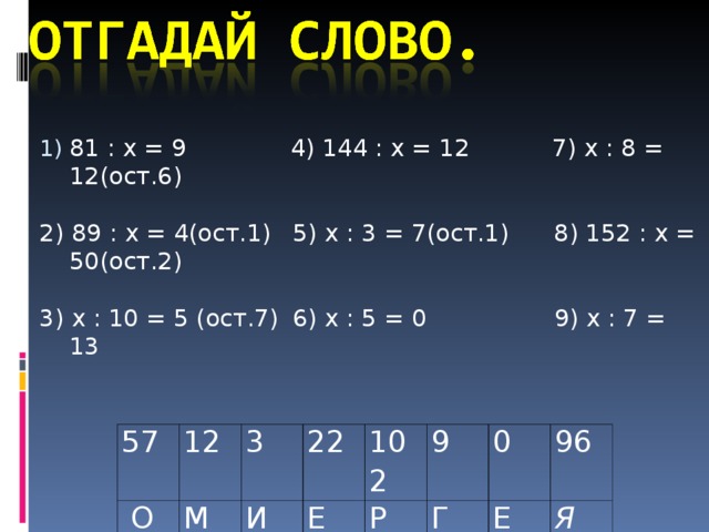 81 : x = 9   4) 144 : х = 12 7) х : 8 = 12(ост.6) 2) 89 : x = 4(ост.1)  5) х : 3 = 7(ост.1) 8) 152 : х = 50(ост.2) 3) x : 10 = 5 ( ост.7)  6) х : 5 = 0 9) х : 7 = 13 57 12  О 3 М И 22 102 Е Р 9 Г 0 96 Е Я 