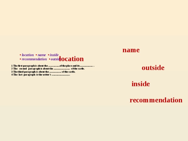 name   • location  • name  • inside    • recommendation  •  outside   1 The first paragraph is about the ..................of the place and its..................... .  2 The second paragraph is about the .......................... of the castle.  3 The third paragraph is about the ................... of the castle.  4 The last paragraph is the writer's .............................   location outside inside recommendation
