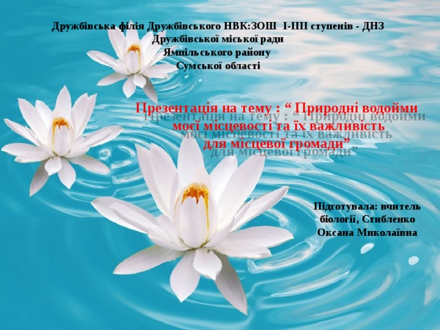 Дружбівська філія Дружбівського НВК:ЗОШ І-ІІІІ ступенів - ДНЗ Дружбівської міської ради Ямпільського району Сумської області Презентація на тему : “ Природні водойми  моєї місцевості та їх важливість  для місцевої громади” Підготувала: вчитель біології, Стибленко Оксана Миколаївна 