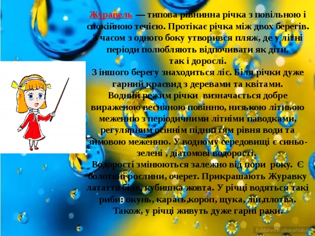 Журавель  — типова рівнинна річка з повільною і спокійною течією. Протікає річка між двох берегів. З часом з одного боку утворився пляж, де у літні періоди полюбляють відпочивати як діти,  так і дорослі. З іншого берегу знаходиться ліс. Біля річки дуже гарний краєвид з деревами та квітами. Водний режим річки визначається добре вираженою весняною повінню, низькою літньою меженню з періодичними літніми паводками, регулярним осіннім підняттям рівня води та зимовою меженню. У водному середовищі є синьо-зелені , діатомові водорості. Водорості змінюються залежно від пори року. Є болотяні рослини, очерет. Прикрашають Журавку латаття біле, кубишка жовта. У річці водяться такі риби: окунь, карась,короп, щука, лін,плотва. Також, у річці живуть дуже гарні раки.  