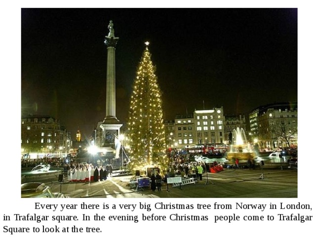  Every year there is a very big Christmas tree from Norway in London, in Trafalgar square. In the evening before Christmas people come to Trafalgar Square to look at the tree. 