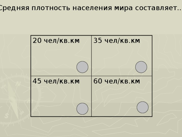  Средняя плотность населения мира составляет...    20 чел/кв.км 35 чел/кв.км 45 чел/кв.км 60 чел/кв.км 