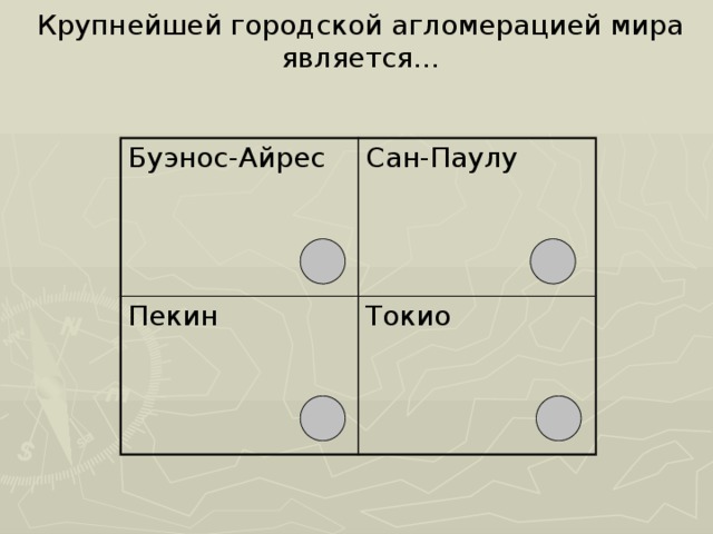  Крупнейшей городской агломерацией мира является...   Буэнос-Айрес Сан-Паулу Пекин Токио 