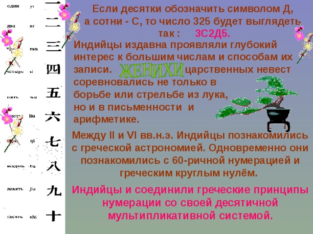 Если десятки обозначить символом Д, а сотни - С, то число 325 будет выглядеть так : 3С2Д5. Индийцы издавна проявляли глубокий интерес к большим числам и способам их записи. царственных невест соревновались не только в борьбе или стрельбе из лука, но и в письменности и арифметике. Между II и VI вв.н.э. Индийцы познакомились с греческой астрономией. Одновременно они познакомились с 60-ричной нумерацией и греческим круглым нулём. Индийцы и соединили греческие принципы нумерации со своей десятичной мультипликативной системой. 