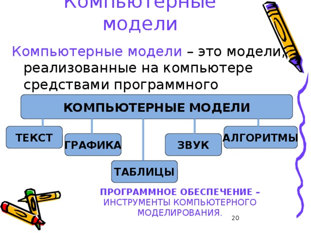 Компьютерные модели Компьютерные модели – это модели, реализованные на компьютере средствами программного обеспечения. КОМПЬЮТЕРНЫЕ МОДЕЛИ ТЕКСТ АЛГОРИТМЫ ГРАФИКА ЗВУК ТАБЛИЦЫ ПРОГРАММНОЕ ОБЕСПЕЧЕНИЕ – ИНСТРУМЕНТЫ КОМПЬЮТЕРНОГО МОДЕЛИРОВАНИЯ. 17 