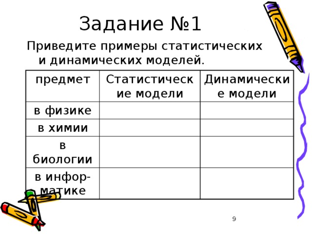 Задание №1 Приведите примеры статистических и динамических моделей. предмет Статистические модели в физике Динамические модели в химии в биологии в инфор-матике 8 