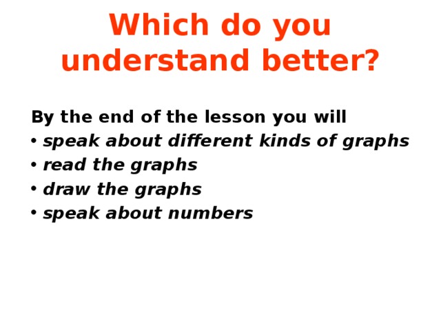 Which do you understand better? By the end of the lesson you will speak about different kinds of graphs read the graphs draw the graphs speak about numbers 