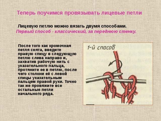 Первый способ. Лицевая петля за переднюю стенку. Вывязывание лицевой петли за переднюю стенку. Второй способ - вывязывание лицевой петли за заднюю стенку.. Как вяжут лицевой петлей за переднюю стенку.