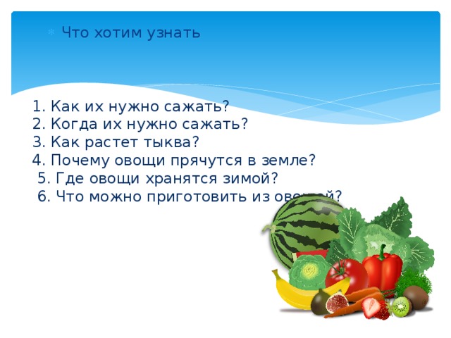 Что хотим узнать       1. Как их нужно сажать?  2. Когда их нужно сажать?  3. Как растет тыква?  4. Почему овощи прячутся в земле?  5. Где овощи хранятся зимой?  6. Что можно приготовить из овощей? 