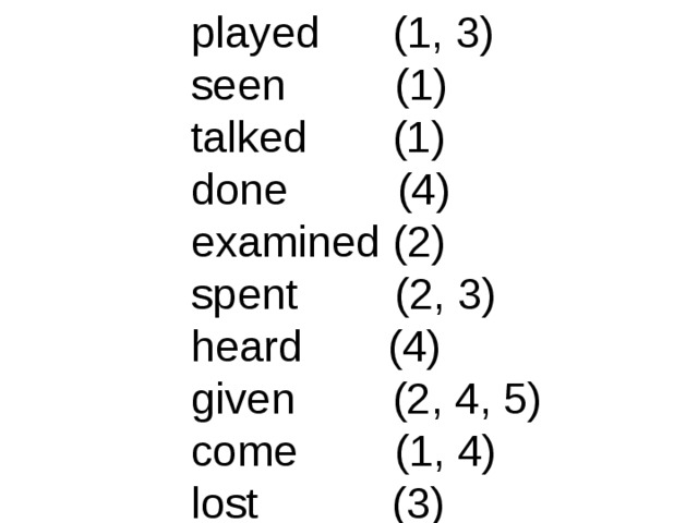 played  (1, 3) seen  (1) talked  (1) done  (4) examined (2) spent  (2, 3) heard  (4) given  (2, 4, 5) come  (1, 4) lost  (3) 3 