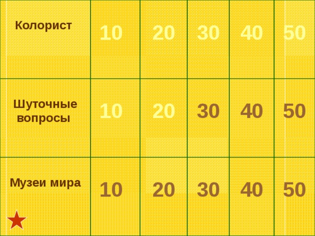  Колорист  10 Шуточные вопросы  10  20 Музеи мира  30 20  10 20  30 40 30 40 50 50 40 50 