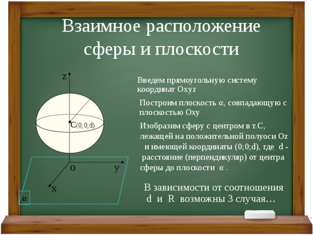 Взаимное расположение сферы и плоскости z Введем прямоугольную систему координат Oxyz Построим плоскость α, совпадающую с плоскостью Оху C (0;0;d) Изобразим сферу с центром в т.С, лежащей на положительной полуоси Oz и имеющей координаты (0;0;d), где d - расстояние (перпендикуляр) от центра сферы до плоскости α . у O В зависимости от соотношения d и R возможны 3 случая… х α 