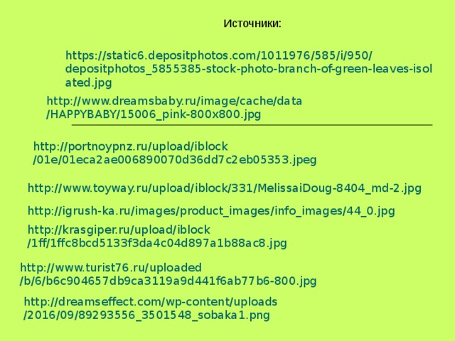 Источники: https ://static6.depositphotos.com/1011976/585/i/950/ depositphotos_5855385-stock-photo-branch-of-green-leaves-isolated.jpg http :// www.dreamsbaby.ru / image / cache / data /HAPPYBABY/15006_pink-800x800.jpg http :// portnoypnz.ru / upload / iblock /01e/01eca2ae006890070d36dd7c2eb05353.jpeg http :// www.toyway.ru / upload / iblock /331/MelissaiDoug-8404_md-2.jpg http :// igrush-ka.ru / images / product_images / info_images /44_0.jpg http :// krasgiper.ru / upload / iblock /1ff/1ffc8bcd5133f3da4c04d897a1b88ac8.jpg http ://www.turist76.ru/ uploaded /b/6/b6c904657db9ca3119a9d441f6ab77b6-800.jpg http :// dreamseffect.com / wp-content / uploads /2016/09/89293556_3501548_sobaka1.png 