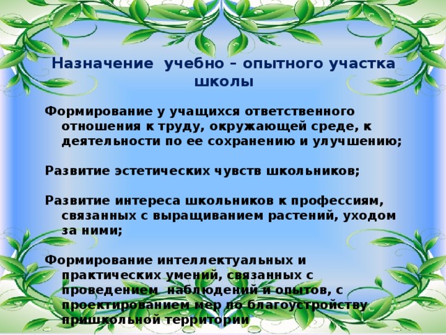 Назначение учебно – опытного участка школы Формирование у учащихся ответственного отношения к труду, окружающей среде, к деятельности по ее сохранению и улучшению;  Развитие эстетических чувств школьников;  Развитие интереса школьников к профессиям, связанных с выращиванием растений, уходом за ними;  Формирование интеллектуальных и практических умений, связанных с проведением наблюдений и опытов, с проектированием мер по благоустройству пришкольной территории 