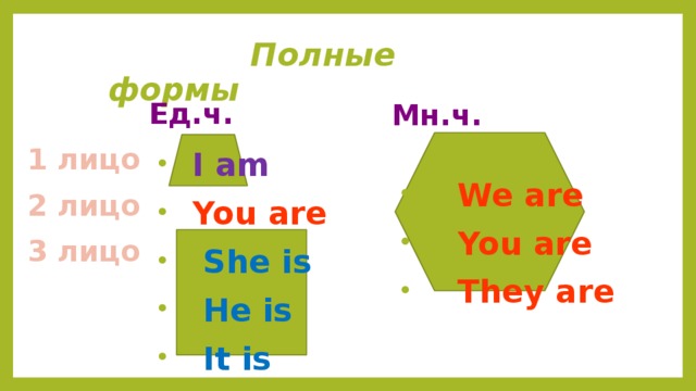  Полные формы Ед.ч. Мн.ч. 1 лицо  I am  You are  She is  He is  It is  We are  You are  They are 2 лицо 3 лицо 