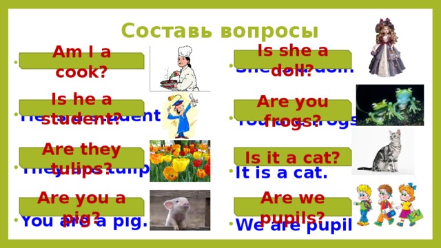 Составь вопросы Is she a doll? She is a doll.  I am a cook.   He is a student. You are frogs.   They are tulips. It is a cat.   You are a pig. We are pupils.  Am I a cook? Is he a student? Are you frogs? Are they tulips? Is it a cat? Are you a pig? Are we pupils? 