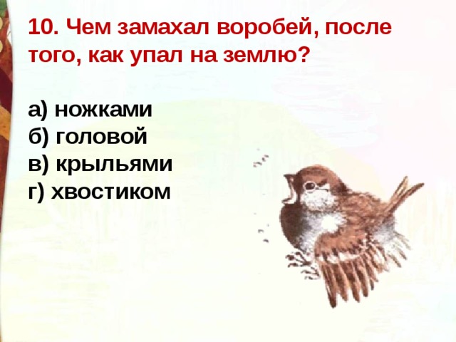 10. Чем замахал воробей, после того, как упал на землю?  а) ножками   б) головой   в) крыльями   г) хвостиком  