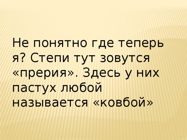 Не понятно где теперь я? Степи тут зовутся «прерия». Здесь у них пастух любой называется «ковбой» 