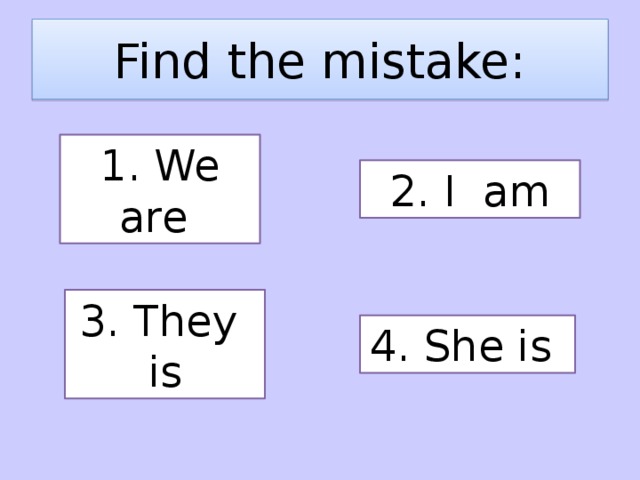 Find the mistake: 1. We are 2. I am 3. They is 4. She is 