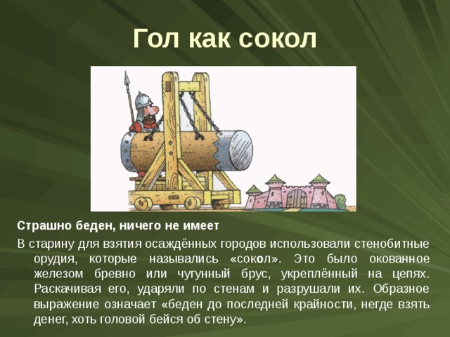 Гол как сокол Страшно беден, ничего не имеет В старину для взятия осаждённых городов использовали стенобитные орудия, которые назывались «сок о л». Это было окованное железом бревно или чугунный брус, укреплённый на цепях. Раскачивая его, ударяли по стенам и разрушали их. Образное выражение означает «беден до последней крайности, негде взять денег, хоть головой бейся об стену». 