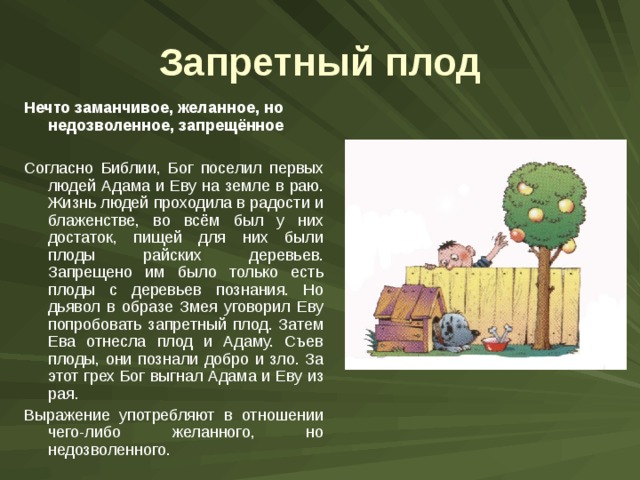 Запретный плод Нечто заманчивое, желанное, но недозволенное, запрещённое  Согласно Библии, Бог поселил первых людей Адама и Еву на земле в раю. Жизнь людей проходила в радости и блаженстве, во всём был у них достаток, пищей для них были плоды райских деревьев. Запрещено им было только есть плоды с деревьев познания. Но дьявол в образе Змея уговорил Еву попробовать запретный плод. Затем Ева отнесла плод и Адаму. Съев плоды, они познали добро и зло. За этот грех Бог выгнал Адама и Еву из рая. Выражение употребляют в отношении чего-либо желанного, но недозволенного. 