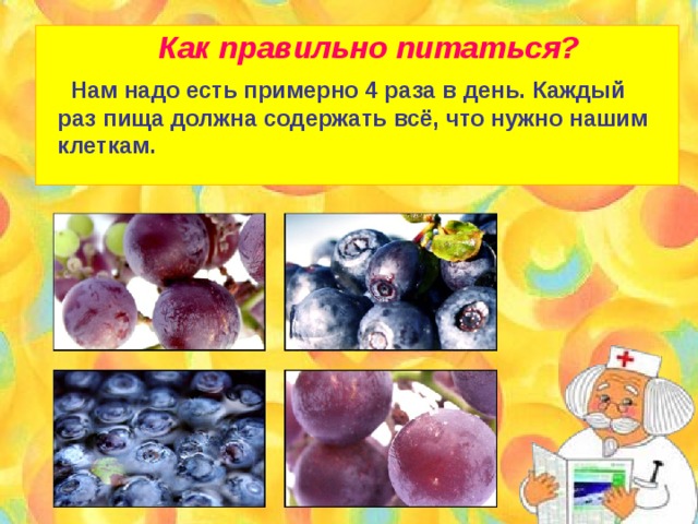 Как правильно питаться?  Нам надо есть примерно 4 раза в день. Каждый раз пища должна содержать всё, что нужно нашим клеткам. 