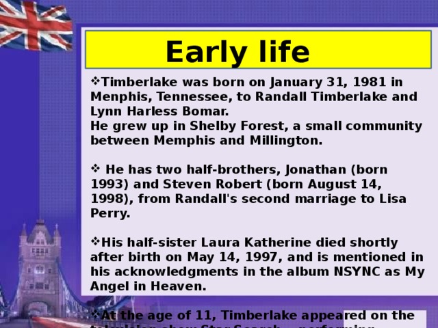 Early life Timberlake was born on January 31, 1981 in Menphis, Tennessee, to Randall Timberlake and Lynn Harless Bomar.  He grew up in Shelby Forest, a small community between Memphis and Millington.    He has two half-brothers, Jonathan (born 1993) and Steven Robert (born August 14, 1998), from Randall's second marriage to Lisa Perry.  His half-sister Laura Katherine died shortly after birth on May 14, 1997, and is mentioned in his acknowledgments in the album NSYNC as My Angel in Heaven.   At the age of 11, Timberlake appeared on the television show Star Search  , performing country music songs as 