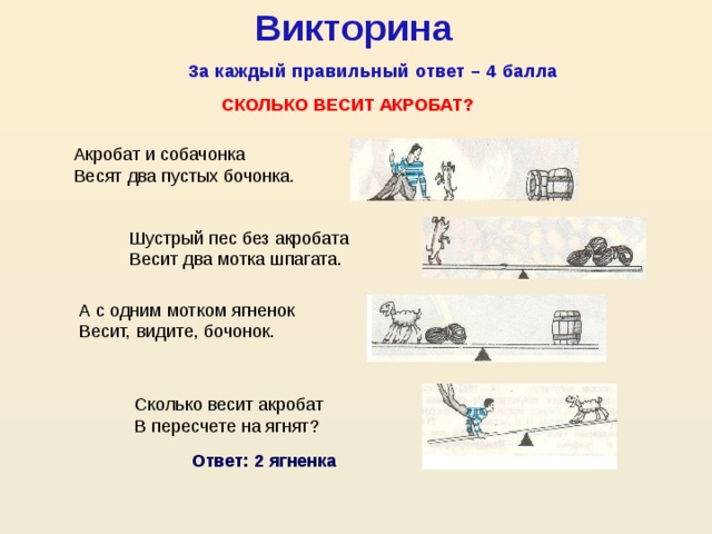 Викторина За каждый правильный ответ – 4 балла Сколько весит акробат? Акробат и собачонка Весят два пустых бочонка. Шустрый пес без акробата Весит два мотка шпагата. А с одним мотком ягненок Весит, видите, бочонок. Сколько весит акробат В пересчете на ягнят? Ответ: 2 ягненка